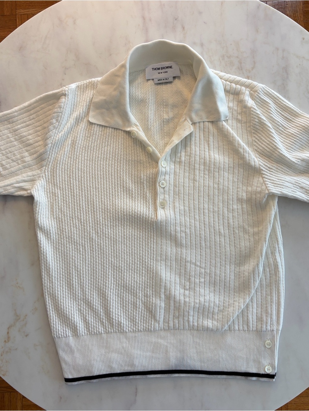 Thom Browne Cream Short Sleeve Knit Polo with Black Trim Accents - Size 0